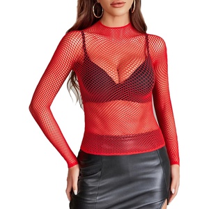 Avidlove Women’s Sexy Fishnet Mesh Long Sleeve Tops Mock Neck Sheer Lace See-Through Blouse Bodycon Clubwear Party Tops(Red)