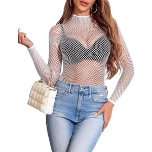 Avidlove Women’s Sexy Fishnet Mesh Long Sleeve Tops Mock Neck Sheer Lace See-Through Blouse Bodycon Clubwear Party Tops(White)