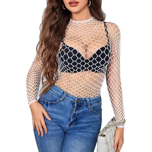 Avidlove Women’s Sexy Fishnet Mesh Long Sleeve Tops Mock Neck Sheer Lace See-Through Blouse Bodycon Clubwear Party Tops(White(large Mesh))
