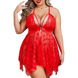 Plus Size Lingerie Lace Babydoll Womens Teddy Chemise Mesh Sleepwear | Sexy Front Closure V Neck Sheer Mesh Lace Wireless Babydoll Lingerie Dress Teddy Chemise Sleepwear(Red)