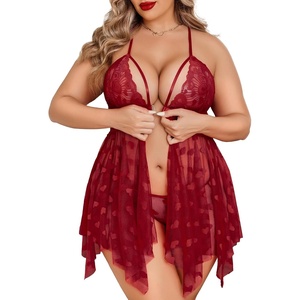 Plus Size Lingerie Lace Babydoll Womens Teddy Chemise Mesh Sleepwear | Sexy Front Closure V Neck Sheer Mesh Lace Wireless Babydoll Lingerie Dress Teddy Chemise Sleepwear(Wine Red)