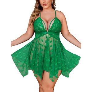 Plus Size Lingerie Lace Babydoll Womens Teddy Chemise Mesh Sleepwear | Sexy Front Closure V Neck Sheer Mesh Lace Wireless Babydoll Lingerie Dress Teddy Chemise Sleepwear(Jade Green)