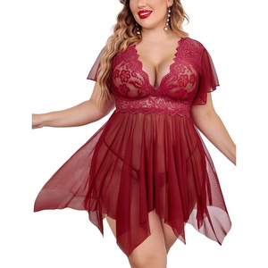 Womens Plus Size Babydoll Floral Lace Lingerie Deep V Nighty Mesh Sleepwear | Sexy Lingerie See through Teddies,V neck,Mesh Nightdress Naughty Outfits with Short mesh sleeves(Dark Red)