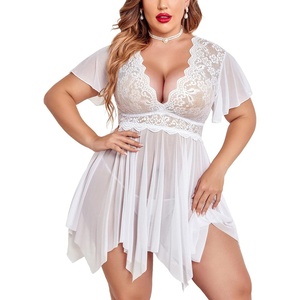 Womens Plus Size Babydoll Floral Lace Lingerie Deep V Nighty Mesh Sleepwear | Sexy Lingerie See through Teddies,V neck,Mesh Nightdress Naughty Outfits with Short mesh sleeves(Pure White)