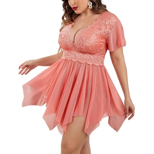 Womens Plus Size Babydoll Floral Lace Lingerie Deep V Nighty Mesh Sleepwear | Sexy Lingerie See through Teddies,V neck,Mesh Nightdress Naughty Outfits with Short mesh sleeves(Rose Pink)