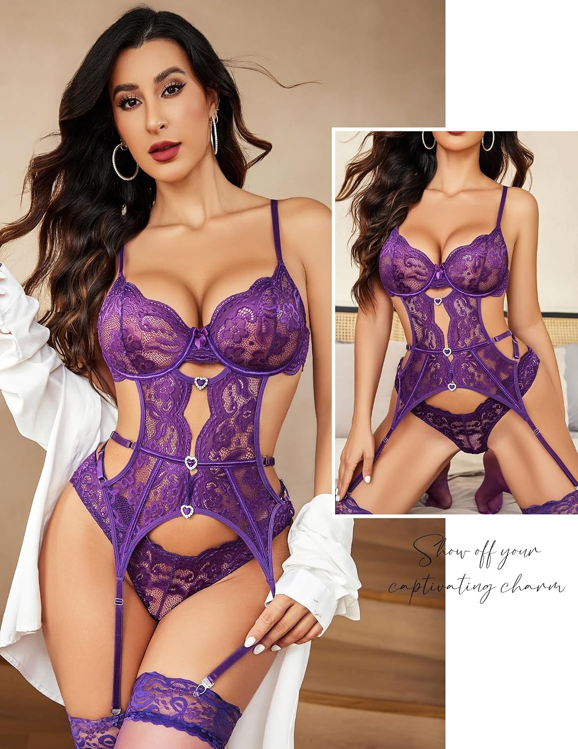 image:imageAvidlove Womens Underwire Lingerie Set with Garter Belt Sexy Lace Bodysuit Cut Out Rhinestone Teddy Lingerie No StockingsPurple