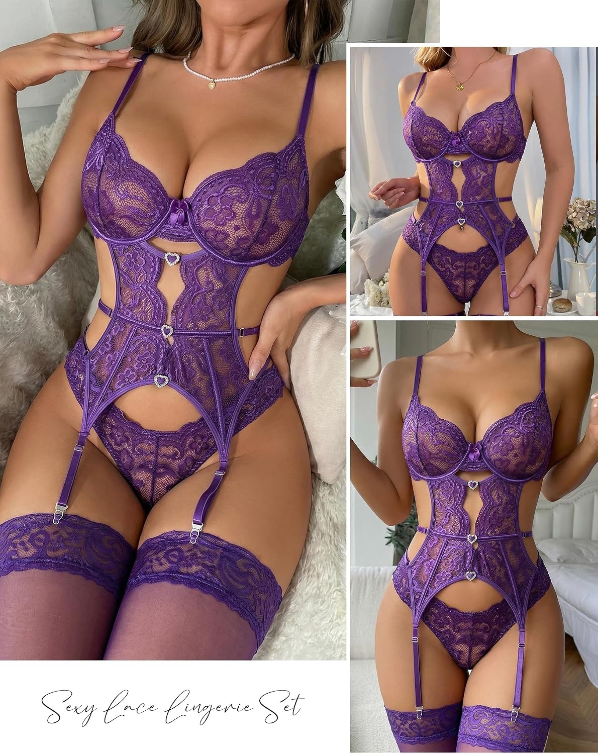 image:imageAvidlove Womens Underwire Lingerie Set with Garter Belt Sexy Lace Bodysuit Cut Out Rhinestone Teddy Lingerie No StockingsPurple