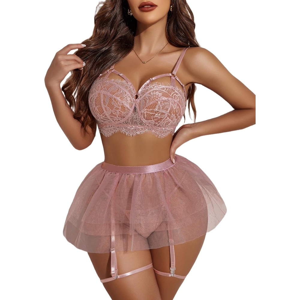 image:imageAvidlove Lace Garter Lingerie for Women Mesh Mini Skirt Nightwear Babydoll BodysuitPurple Red