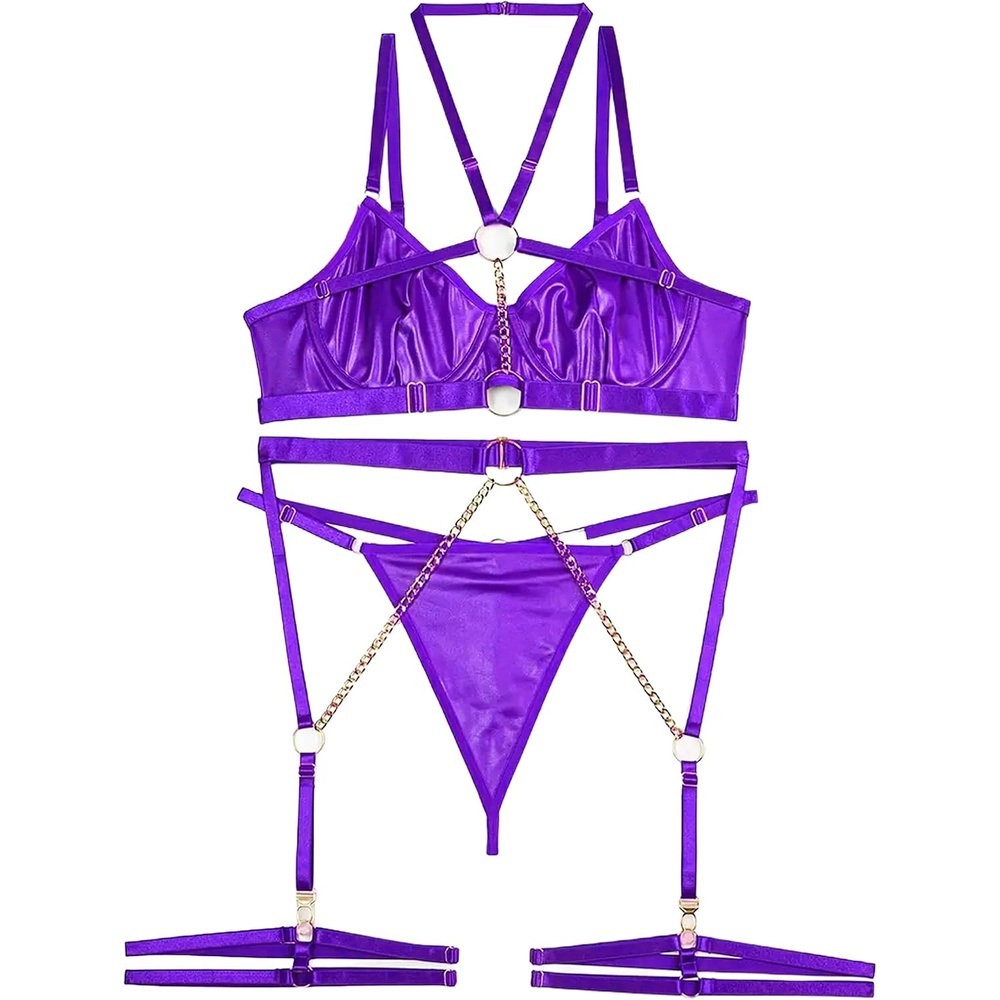 image:imageAvidlove Lingerie Set for Women Sexy Strappy 5 Piece Lingerie Garter with Underwire Push Up Bra and ChainPurple