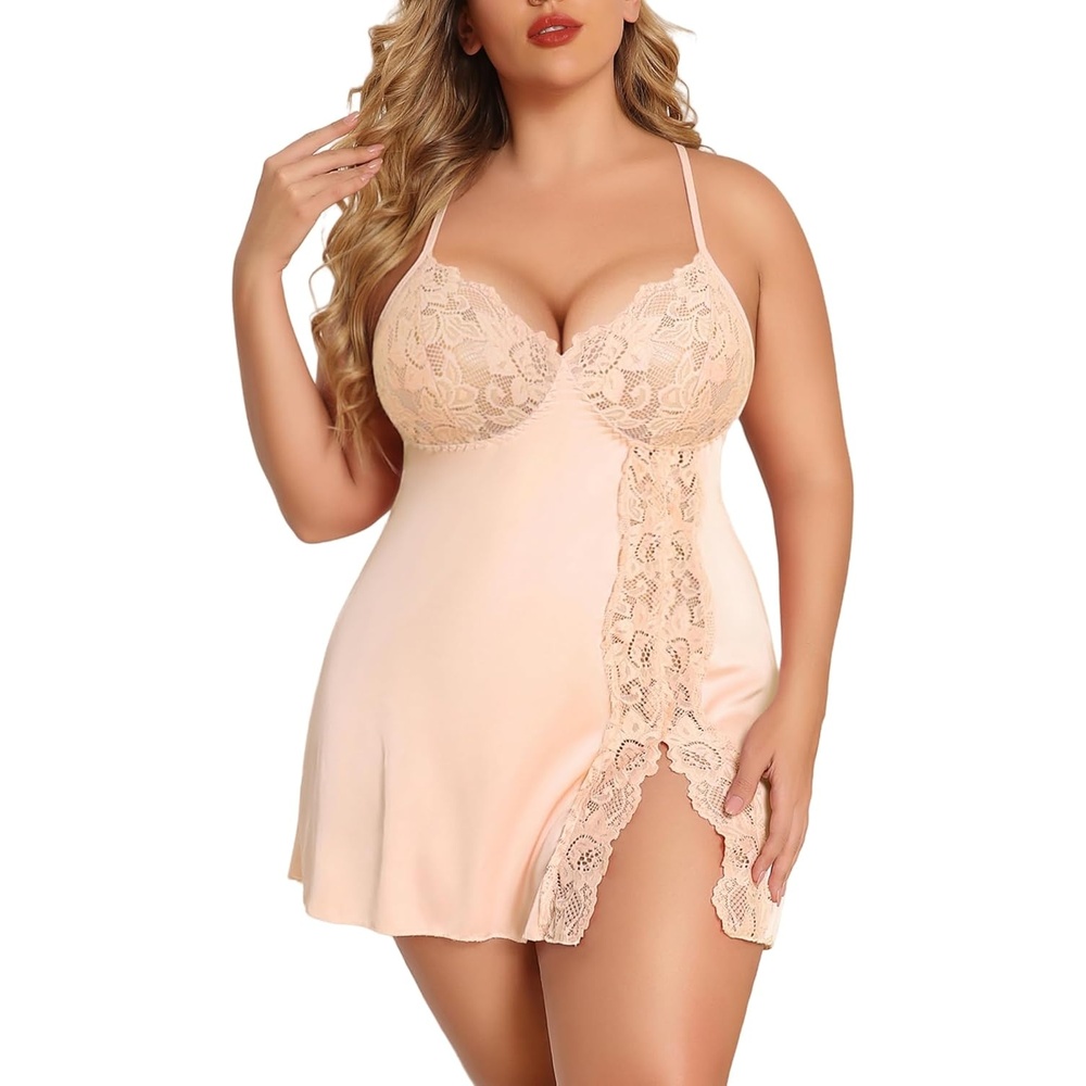 image:imageAvidlove Plus Size Lingerie For Women Sexy Satin Nightgown Lace Babydoll Side Slit Strappy Chemise NightwearLight Champagne