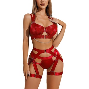 Avidlove Lingerie Set for Women Sexy Strappy Lingerie Underwire Push Up Bra Garter Set Lingerie with Chain(Red)