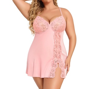 Avidlove Plus Size Lingerie For Women Sexy Satin Nightgown Lace Babydoll Side Slit Strappy Chemise Nightwear(Pink)