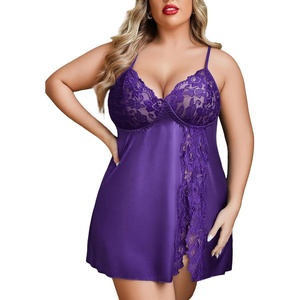 Avidlove Plus Size Lingerie For Women Sexy Satin Nightgown Lace Babydoll Side Slit Strappy Chemise Nightwear(Purple)