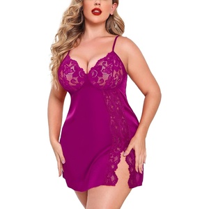 Avidlove Plus Size Lingerie For Women Sexy Satin Nightgown Lace Babydoll Side Slit Strappy Chemise Nightwear(Rose Red)