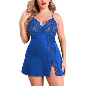 Avidlove Plus Size Lingerie For Women Sexy Satin Nightgown Lace Babydoll Side Slit Strappy Chemise Nightwear(Sky Blue)