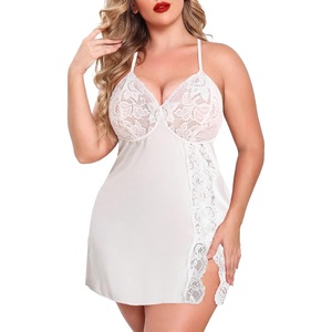 Avidlove Plus Size Lingerie For Women Sexy Satin Nightgown Lace Babydoll Side Slit Strappy Chemise Nightwear(White)