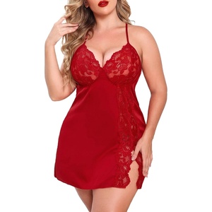 Avidlove Plus Size Lingerie For Women Sexy Satin Nightgown Lace Babydoll Side Slit Strappy Chemise Nightwear(Wine Red)
