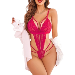 Avidlove Women One Piece Lingerie Deep V Lace Bodysuit Babydoll Teddy Underwear(Rose Red)
