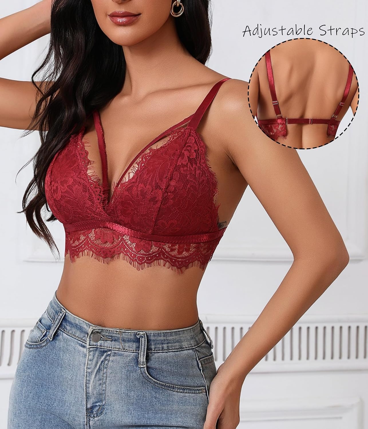 image:imageAvidlove Lace Bralette Sexy Lingerie Bra for Women Y2K Cami Crop Top V Neck Spaghetti Strap Tank TopWine Red