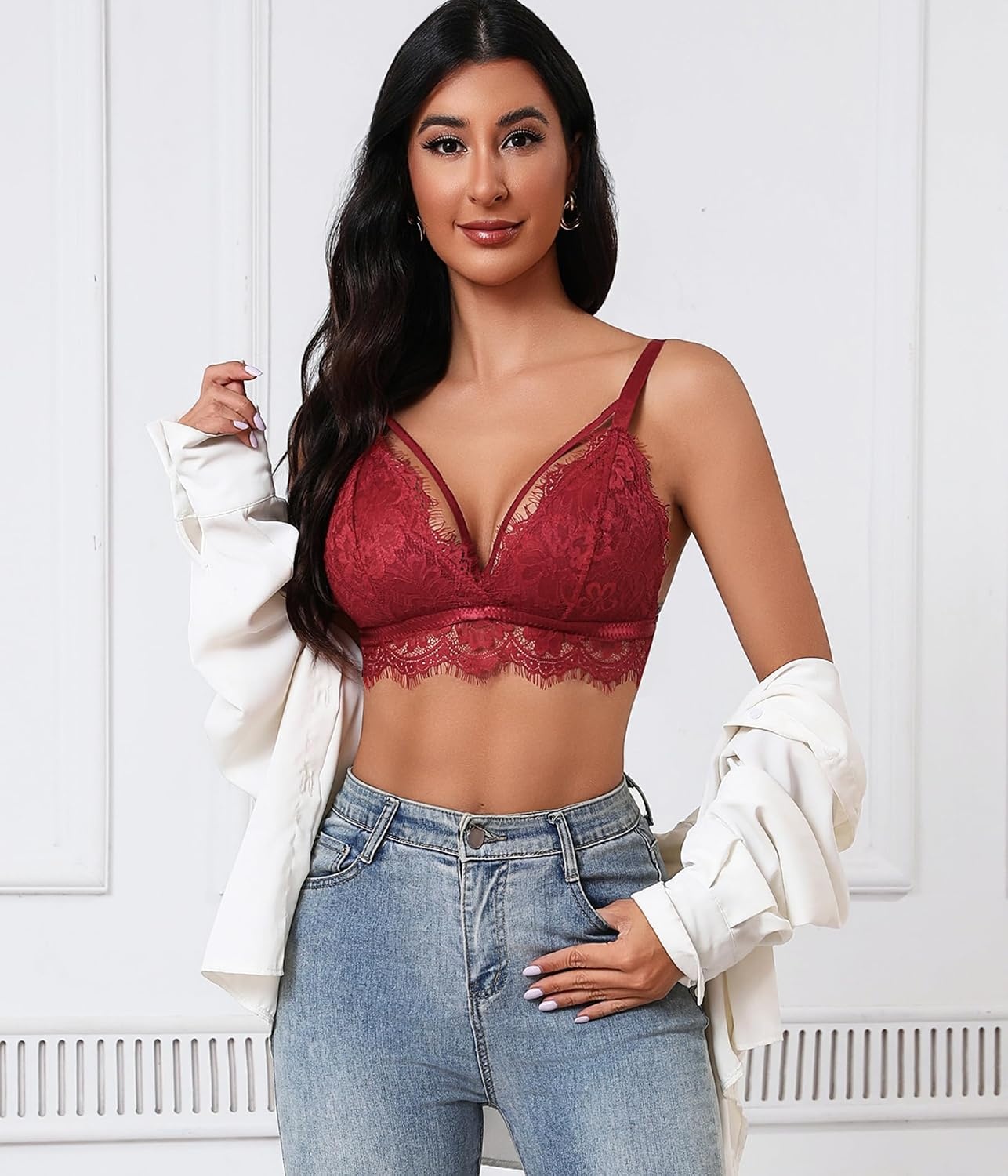image:imageAvidlove Lace Bralette Sexy Lingerie Bra for Women Y2K Cami Crop Top V Neck Spaghetti Strap Tank TopWine Red