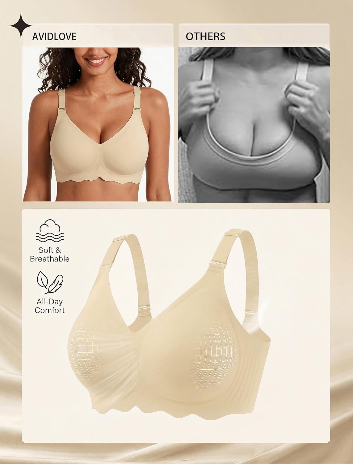 image:imageAvidlove Wireless Bras for Women Seamless Bralette Full Coverage Bra V Neck Tshirt BrassiereWheat