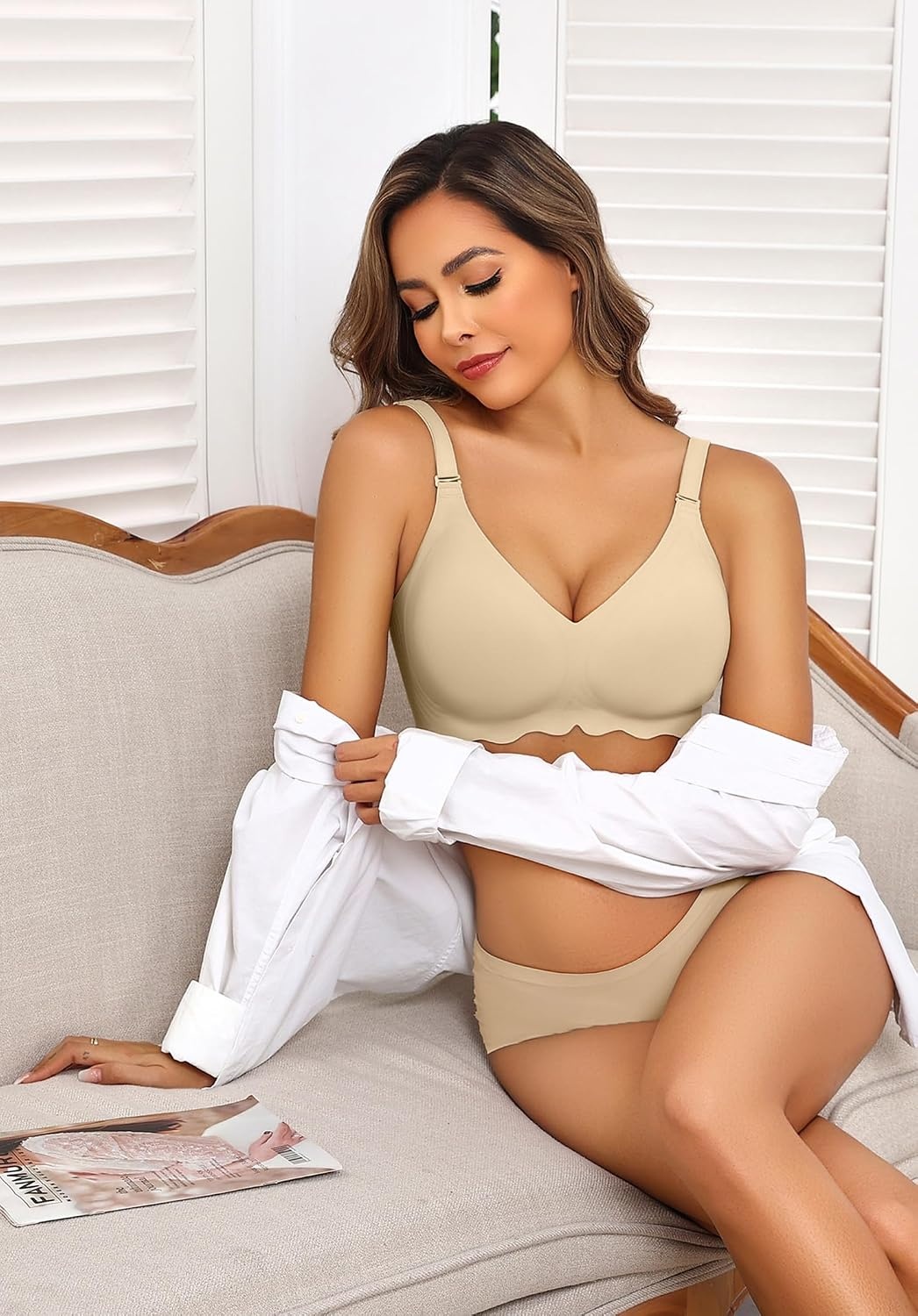 image:imageAvidlove Wireless Bras for Women Seamless Bralette Full Coverage Bra V Neck Tshirt BrassiereWheat