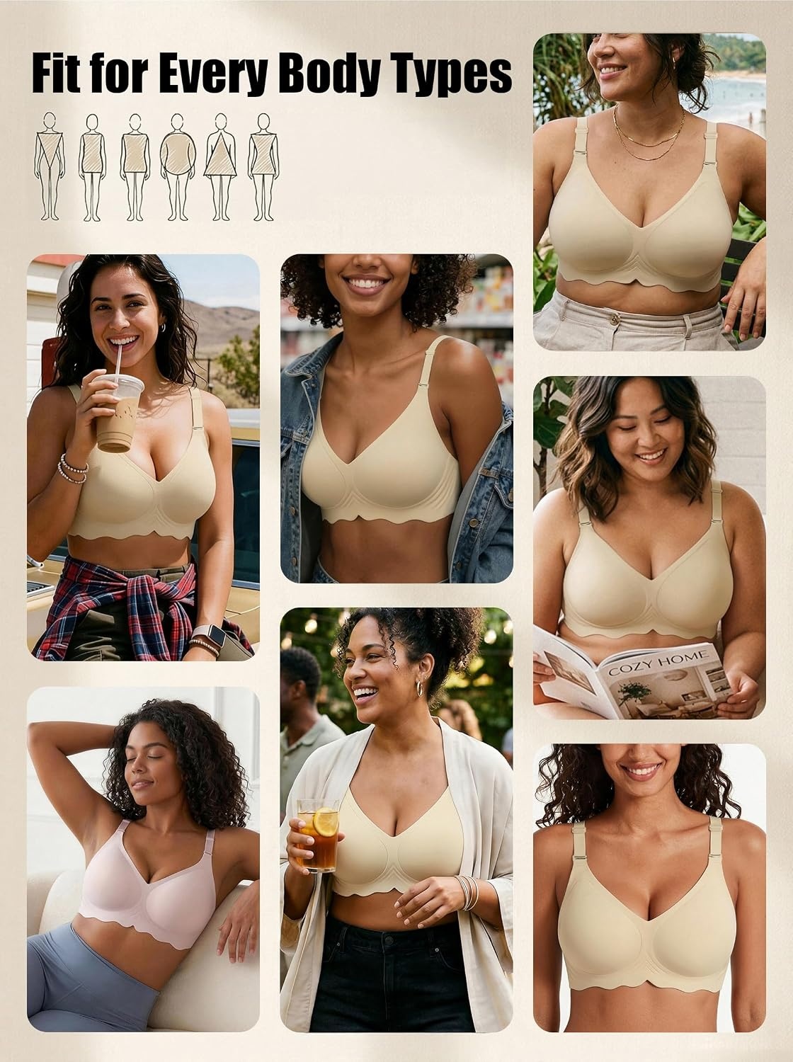 image:imageAvidlove Wireless Bras for Women Seamless Bralette Full Coverage Bra V Neck Tshirt BrassiereWheat
