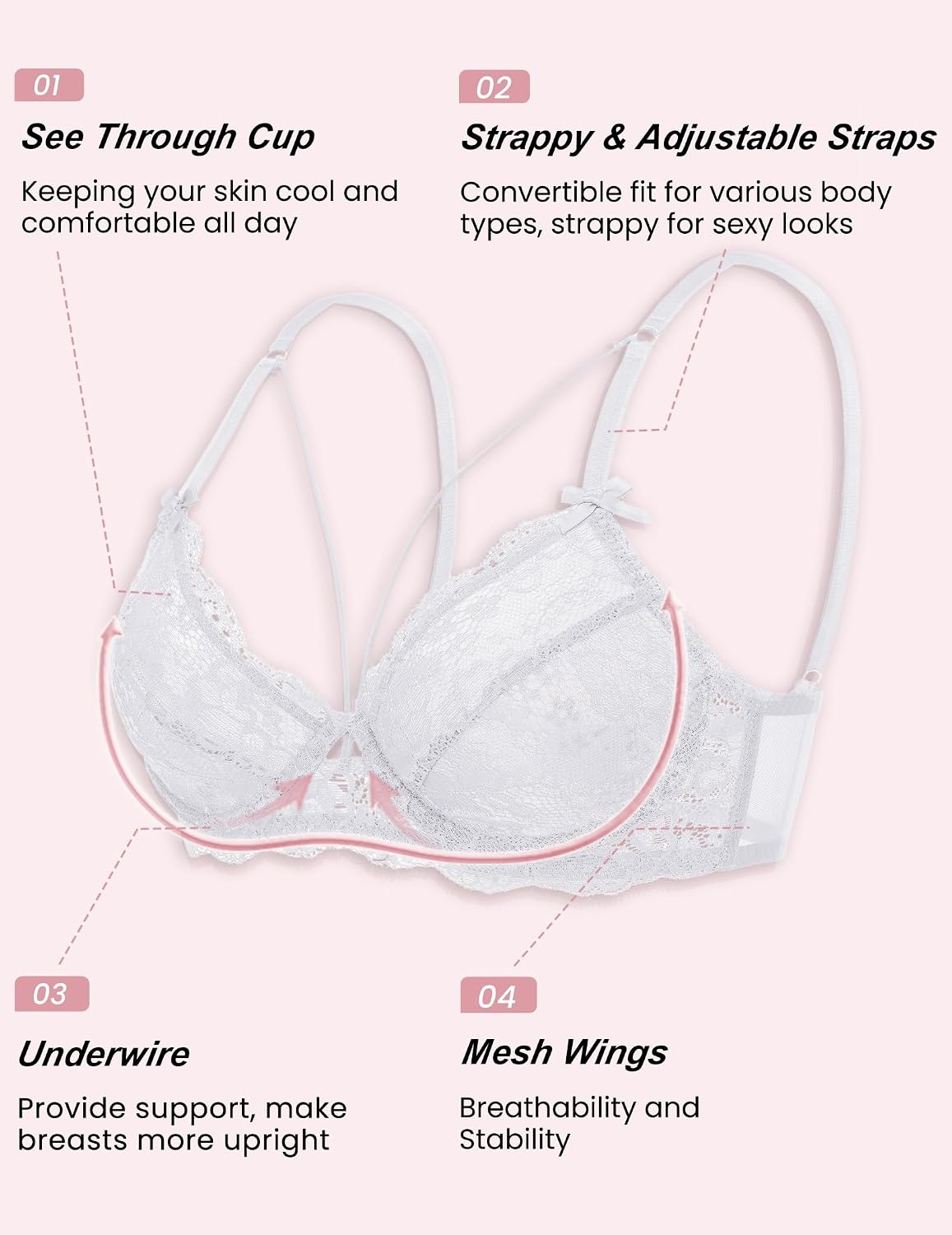 image:imageAvidlove Womens Sexy Lace Bra Sheer Balconette Unlined Underwire Strappy Bras Everyday BrasWhite