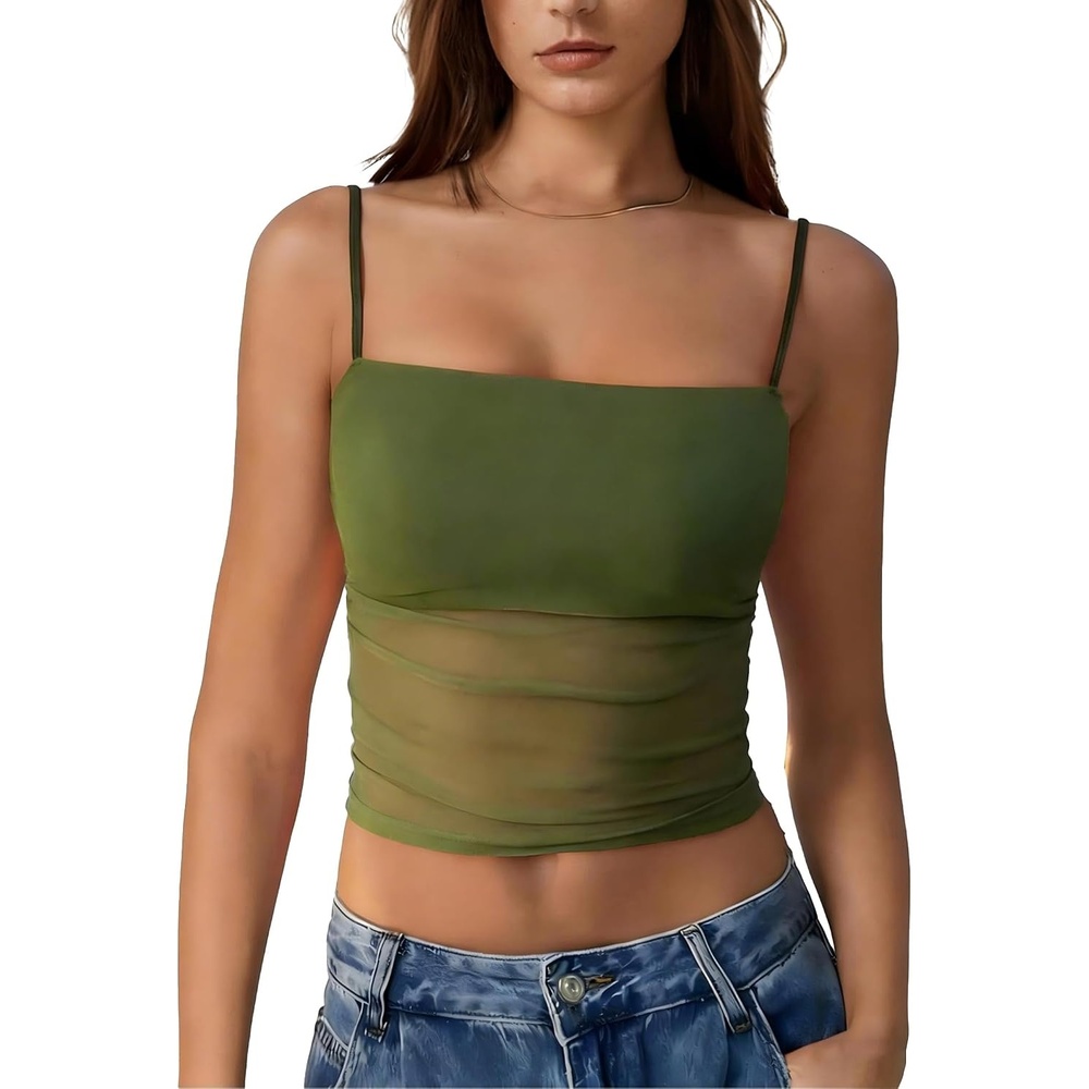 image:imageAvidlove Bralettes for Women Spaghetti Strap Mesh Tank Top Tube Slim Y2K Camisole UltraCropped Tops Lightweight1 amp 2 PcsGreen