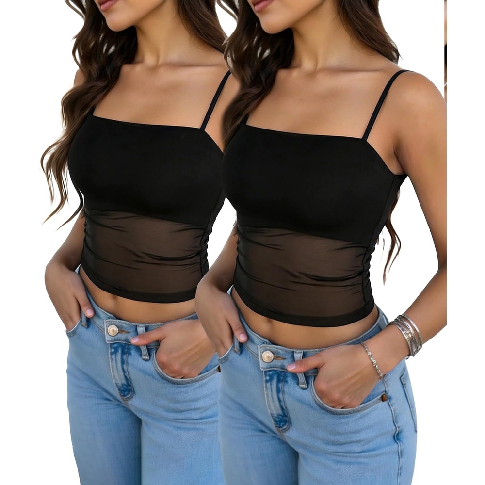 image:imageAvidlove Bralettes for Women Spaghetti Strap Mesh Tank Top Tube Slim Y2K Camisole UltraCropped Tops Lightweight1 amp 2 PcsZblackblack