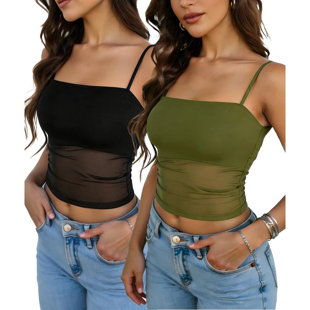 image:imageAvidlove Bralettes for Women Spaghetti Strap Mesh Tank Top Tube Slim Y2K Camisole UltraCropped Tops Lightweight1 amp 2 PcsZblackgreen