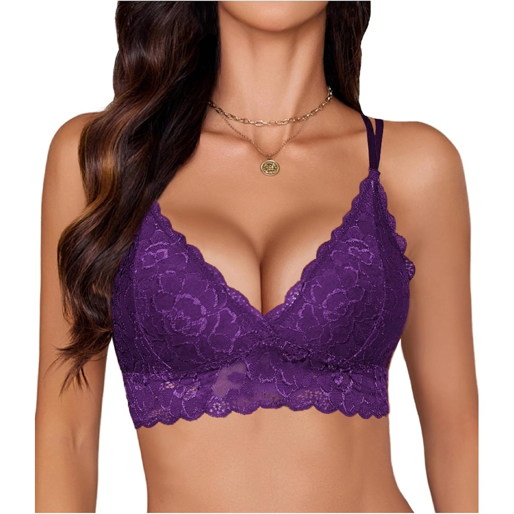 image:imageAvidlove Bras for Women Floral Lace Bralettes Deep V Sexy Bras Cross Back Longline Bralette No PaddedPurple