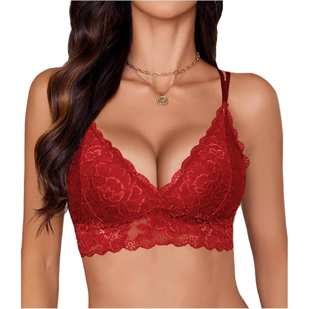image:imageAvidlove Bras for Women Floral Lace Bralettes Deep V Sexy Bras Cross Back Longline Bralette No PaddedRed