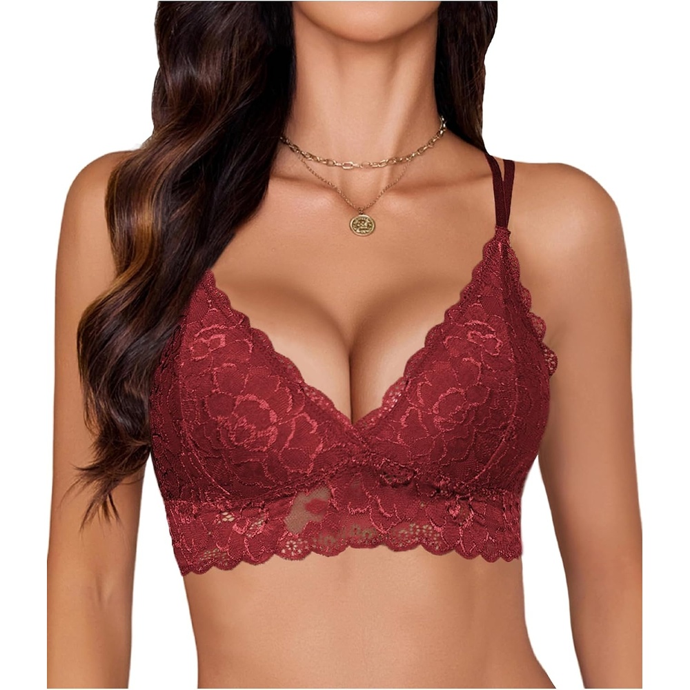image:imageAvidlove Bras for Women Floral Lace Bralettes Deep V Sexy Bras Cross Back Longline Bralette No PaddedWine Red