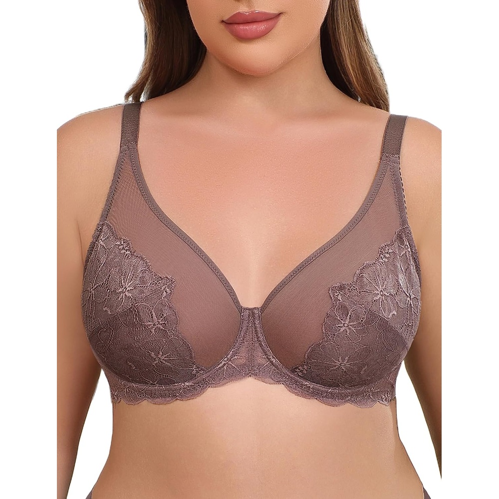 image:imageAvidlove Bras for Women Lace Minimizer Bra Full Coverage Mesh Underwire Bra with Centering Cups Sexy Unlined BrasieresGray