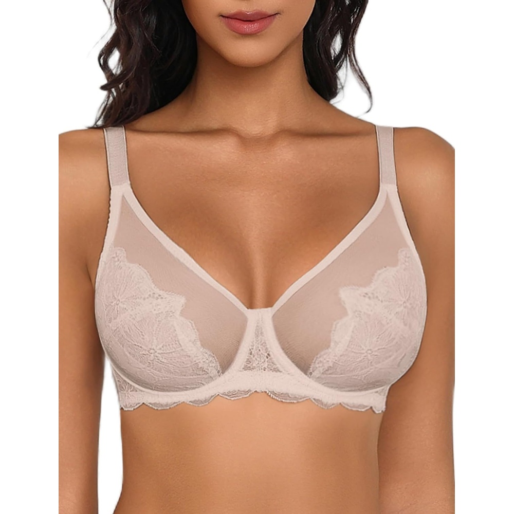 image:imageAvidlove Bras for Women Lace Minimizer Bra Full Coverage Mesh Underwire Bra with Centering Cups Sexy Unlined BrasieresSand Beige