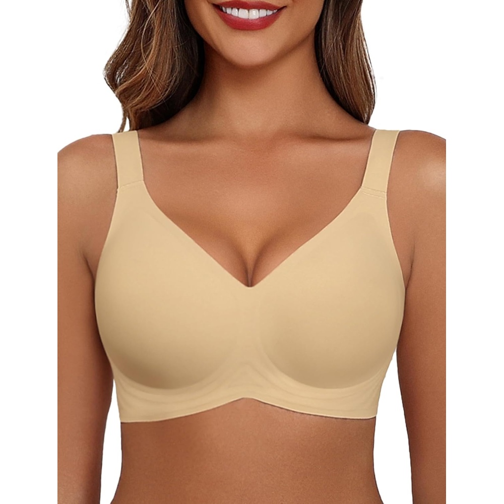 image:imageAvidlove Bras for Women Seamless Bra Full Coverage T Shirt Bralettes V Neck Wireless Bra Comfortable BrassiereWheat
