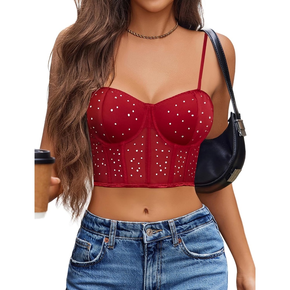 image:imageAvidlove Corset Tops for Women Push Up Bustier lingerie Mesh Sexy Going Out Party Club TopWine Red