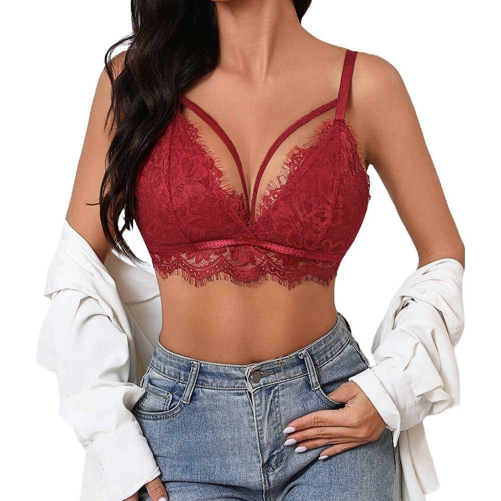 image:imageAvidlove Lace Bralette Sexy Lingerie Bra for Women Y2K Cami Crop Top V Neck Spaghetti Strap Tank TopWine Red