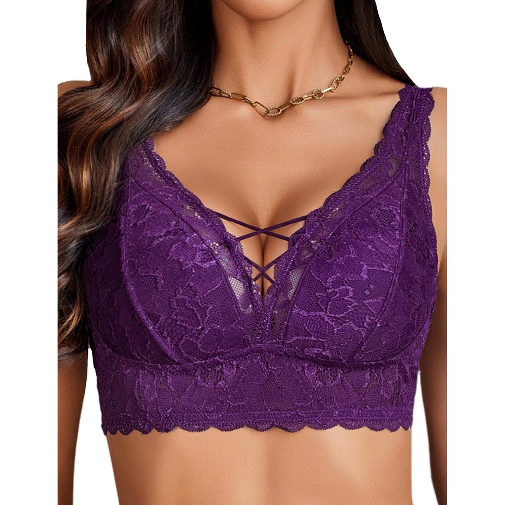 image:imageAvidlove Lace Bralette for Women Sexy Unpadded and Unlined Wireless Bra V Neck Criss Cross Everyday Lingerie BralettesPurple
