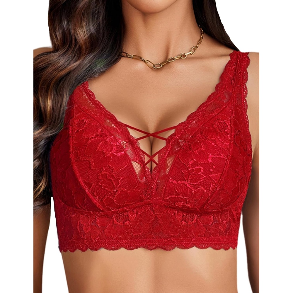 image:imageAvidlove Lace Bralette for Women Sexy Unpadded and Unlined Wireless Bra V Neck Criss Cross Everyday Lingerie BralettesRed
