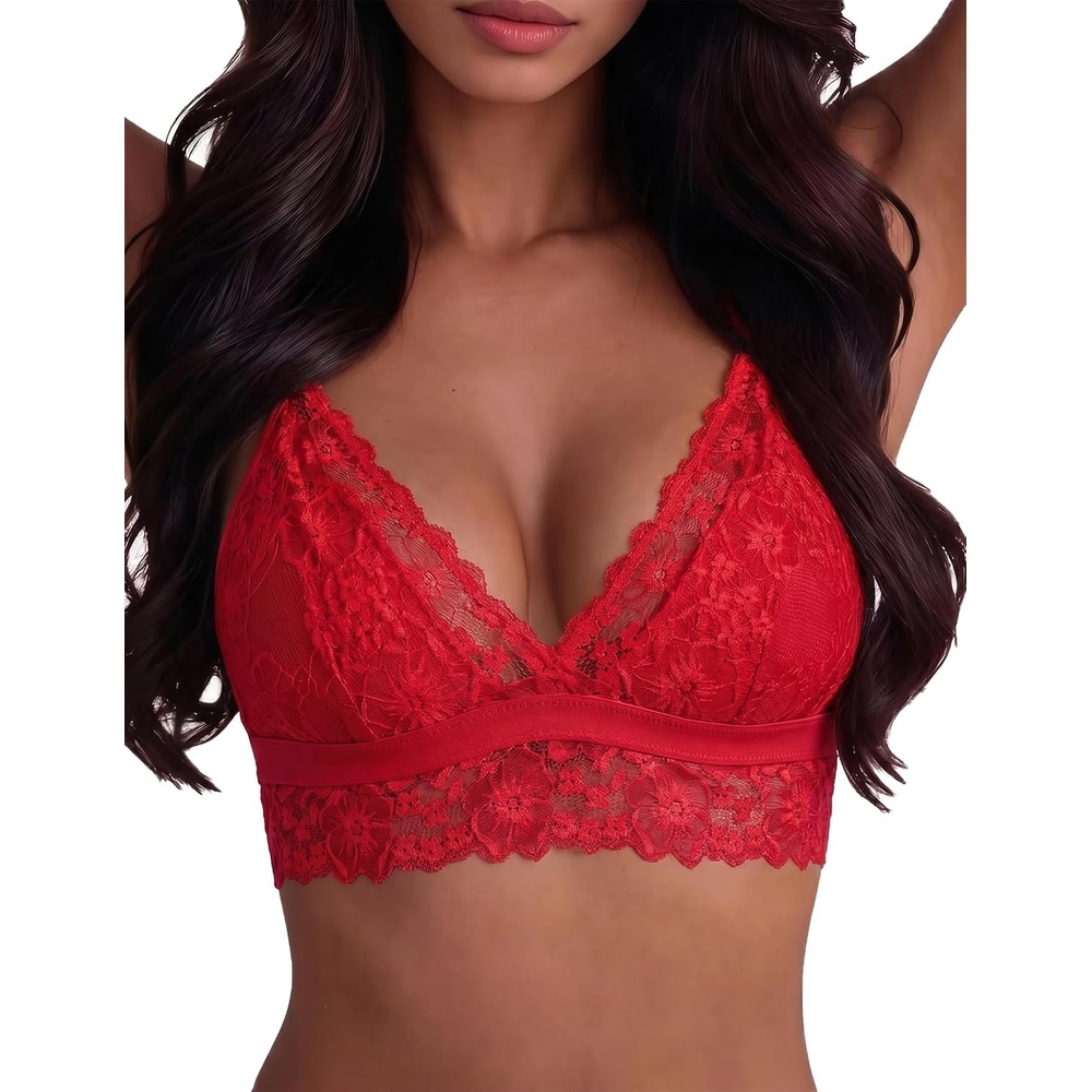 image:imageAvidlove Lace Bralette for Women Sexy Wireless Bralettes Non Padded Bralette V Neck Minimizer LingerieRed