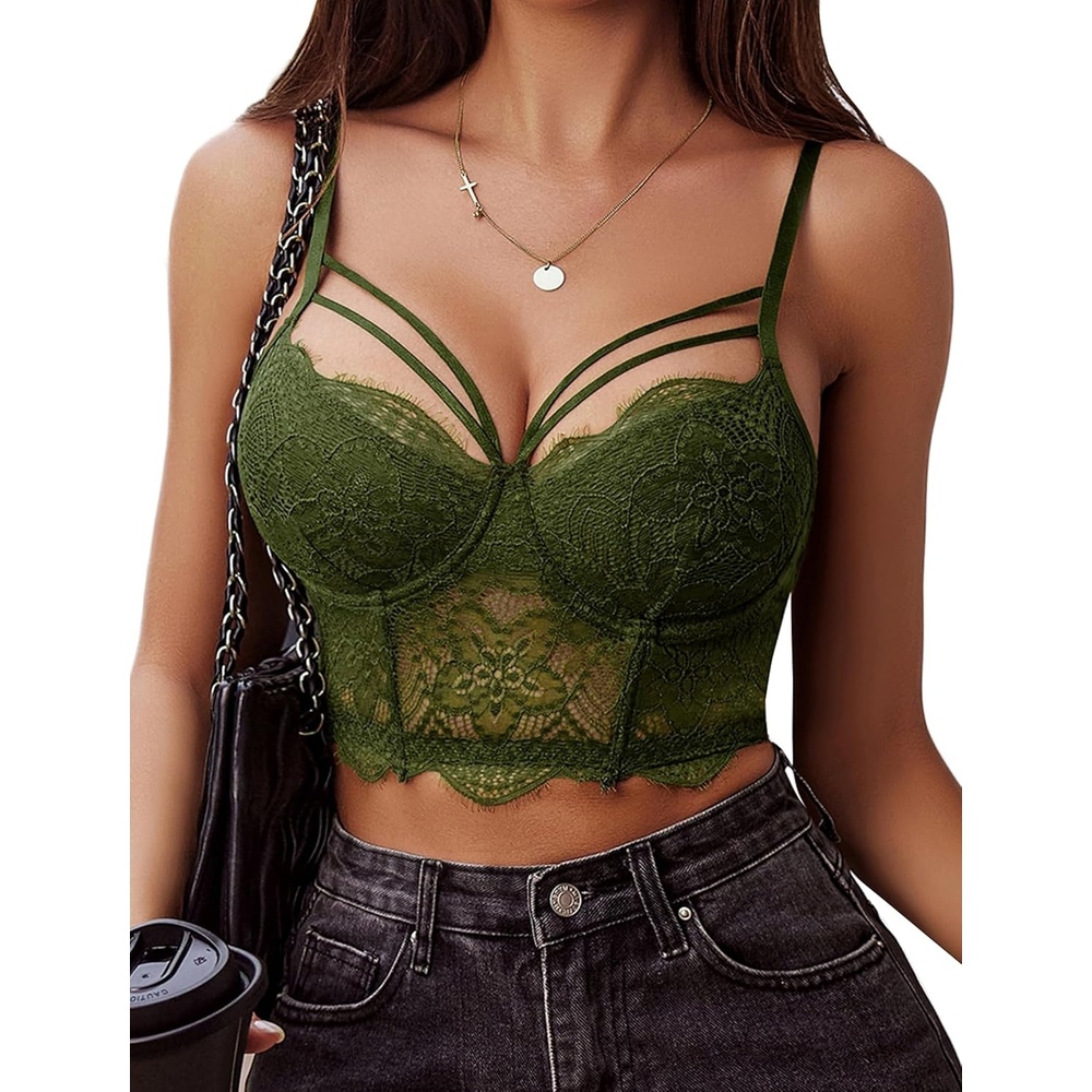 image:imageAvidlove Lace Bralette for Women V Neck Camisoles Adjustable Strap Two Layer Crop Top Bustier TopsGreen
