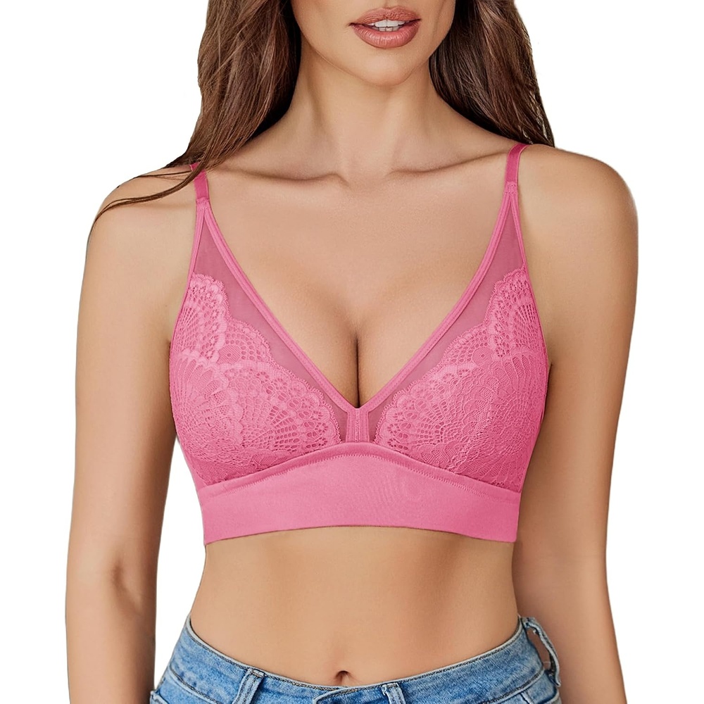 image:imageAvidlove Lace Bralette for Women Wireless Mesh Bralettes Sexy V Neck Tank Top with Modal Rabbit Ear LiningPink