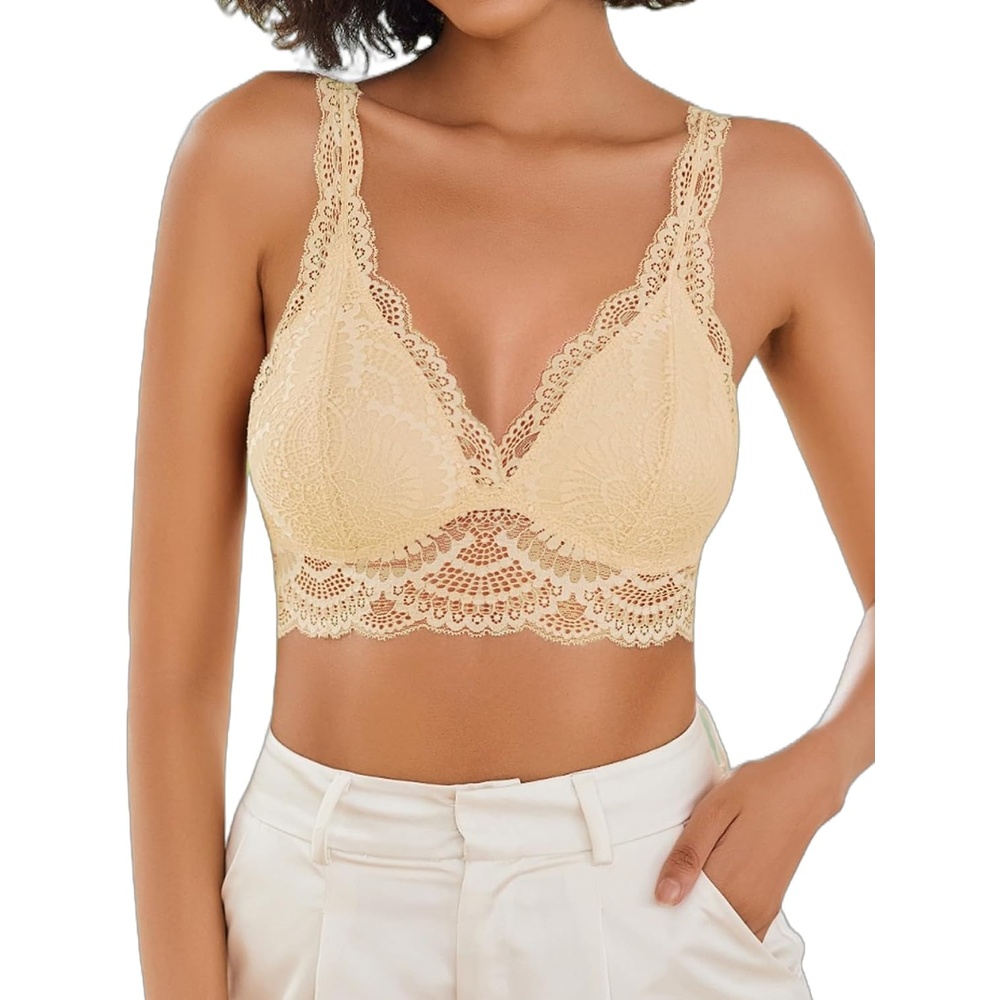 image:imageAvidlove Lace Bralettes Womens Triangle Plunge Wireless Bras Camisole Tops Cami Strappy Sexy SoftChampagne