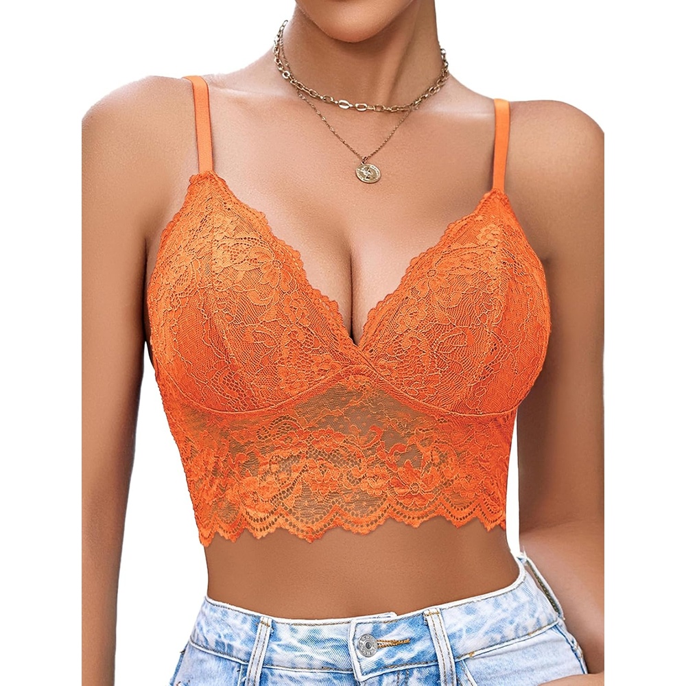 image:imageAvidlove Lace Bralettes for Women V Neck Spaghetti Strap Bra Unpadded Tops Sexy Cami Crop Top Going Out LingerieOrange