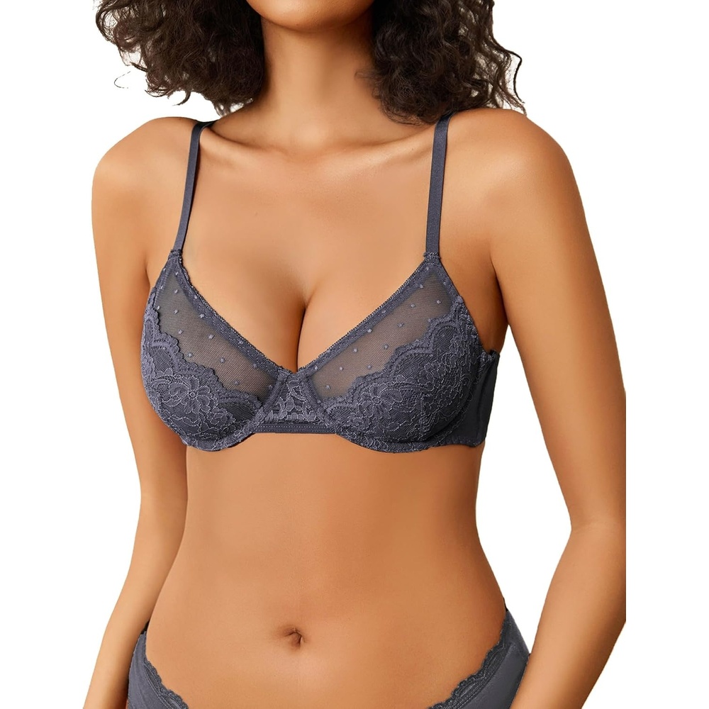 image:imageAvidlove Lace Bras for Women Sheer Balconette Underwire Unlined Everyday Bras LingerieDark Gray