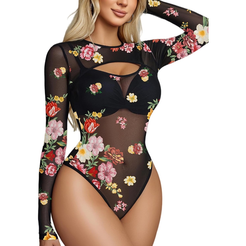 image:imageAvidlove Mesh Bodysuit for Women Long Sleeve Body Suit Sexy Tops Cut Out Leotard See Through Shirts Sheer Rave OutfitsMultifloral