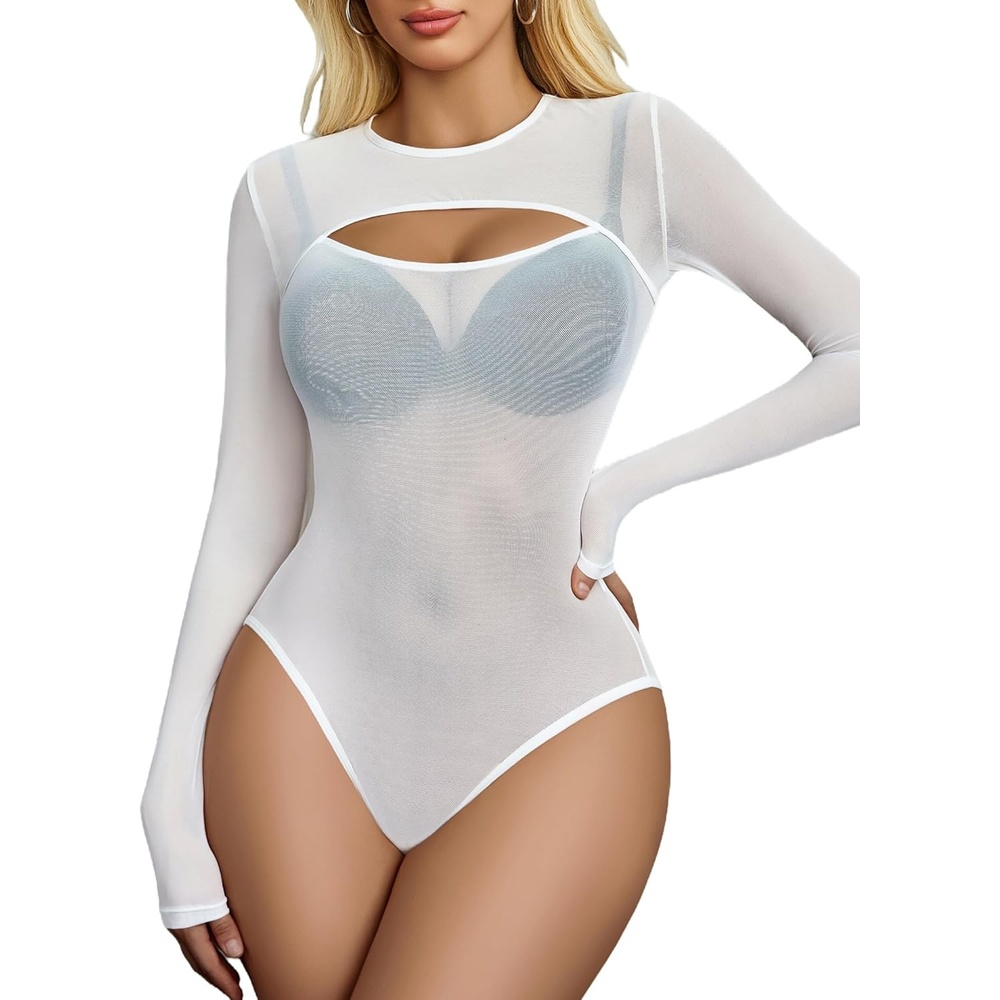 image:imageAvidlove Mesh Bodysuit for Women Long Sleeve Body Suit Sexy Tops Cut Out Leotard See Through Shirts Sheer Rave OutfitsWhite