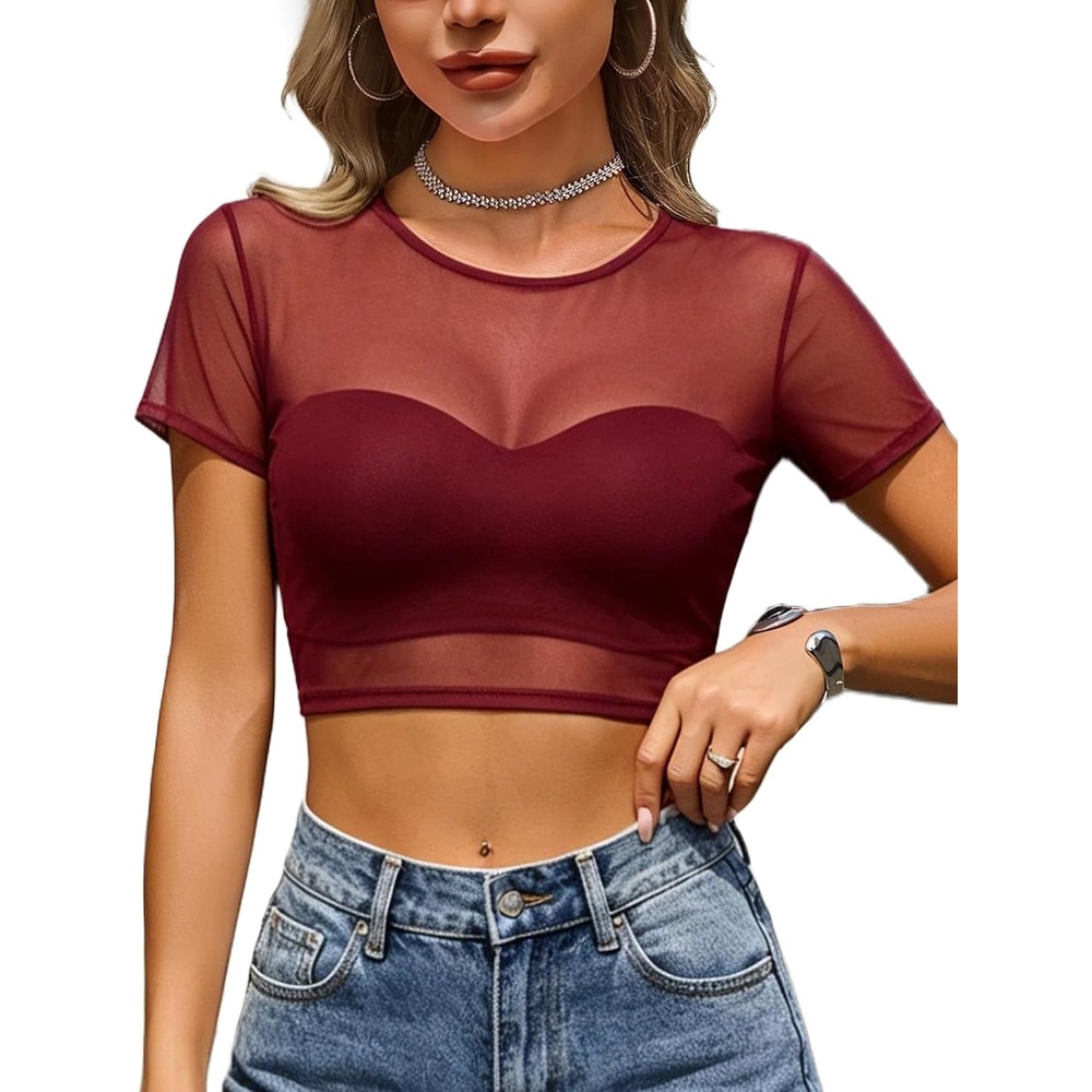 image:imageAvidlove Mesh Crop Top for Women Short Sleeve Bodycon Tees Y2k See Through Blouse O Neck ClubwearBurgundy